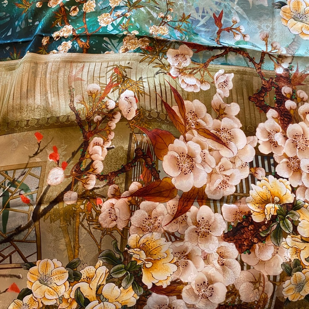 New! Large 100% silk scarf with tropical motif